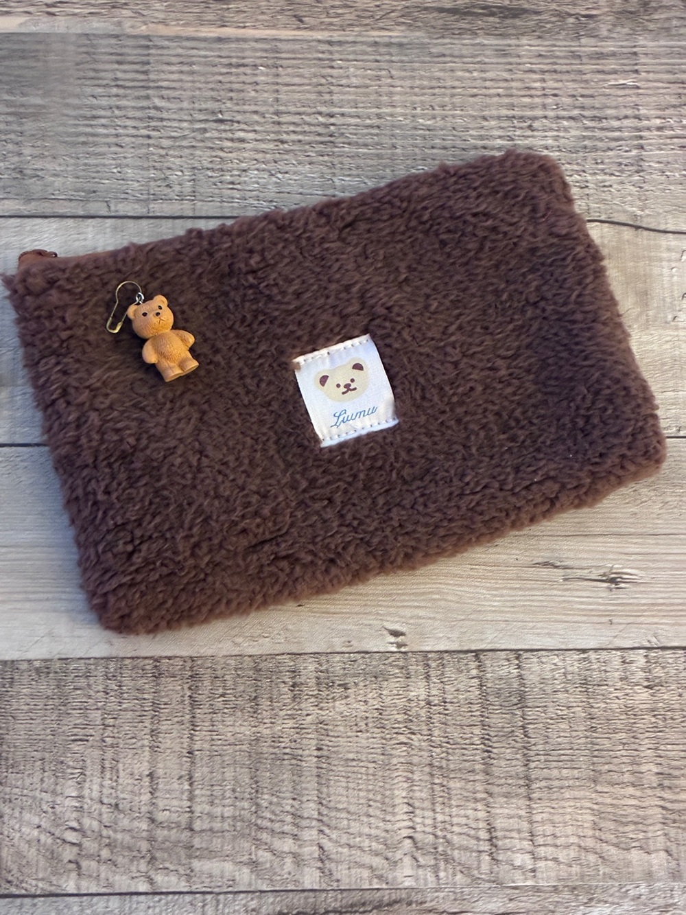 Dark Brown Plush Makeup Bag w/Bear Charm
